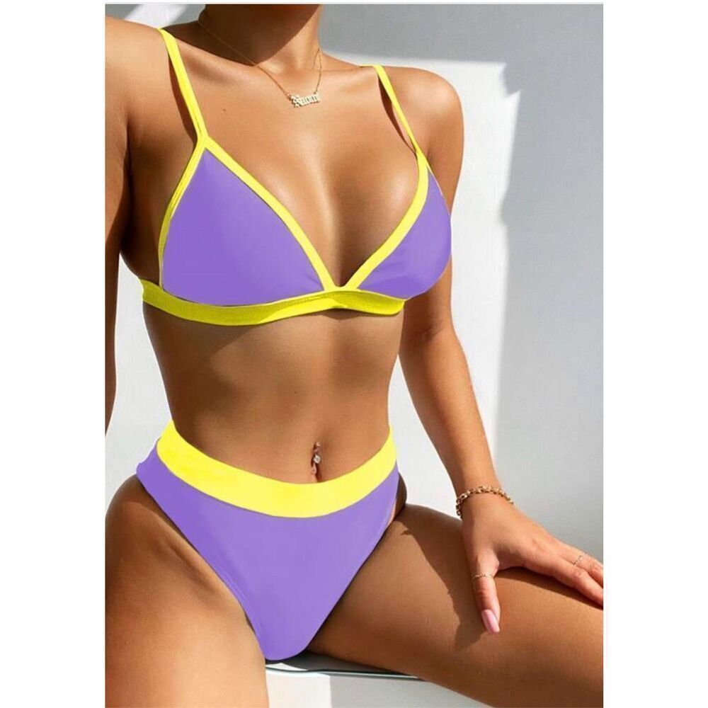 Shein Women’s Contrast Binding Triangle Bikini Set Purple Yellow Sz L See Notes